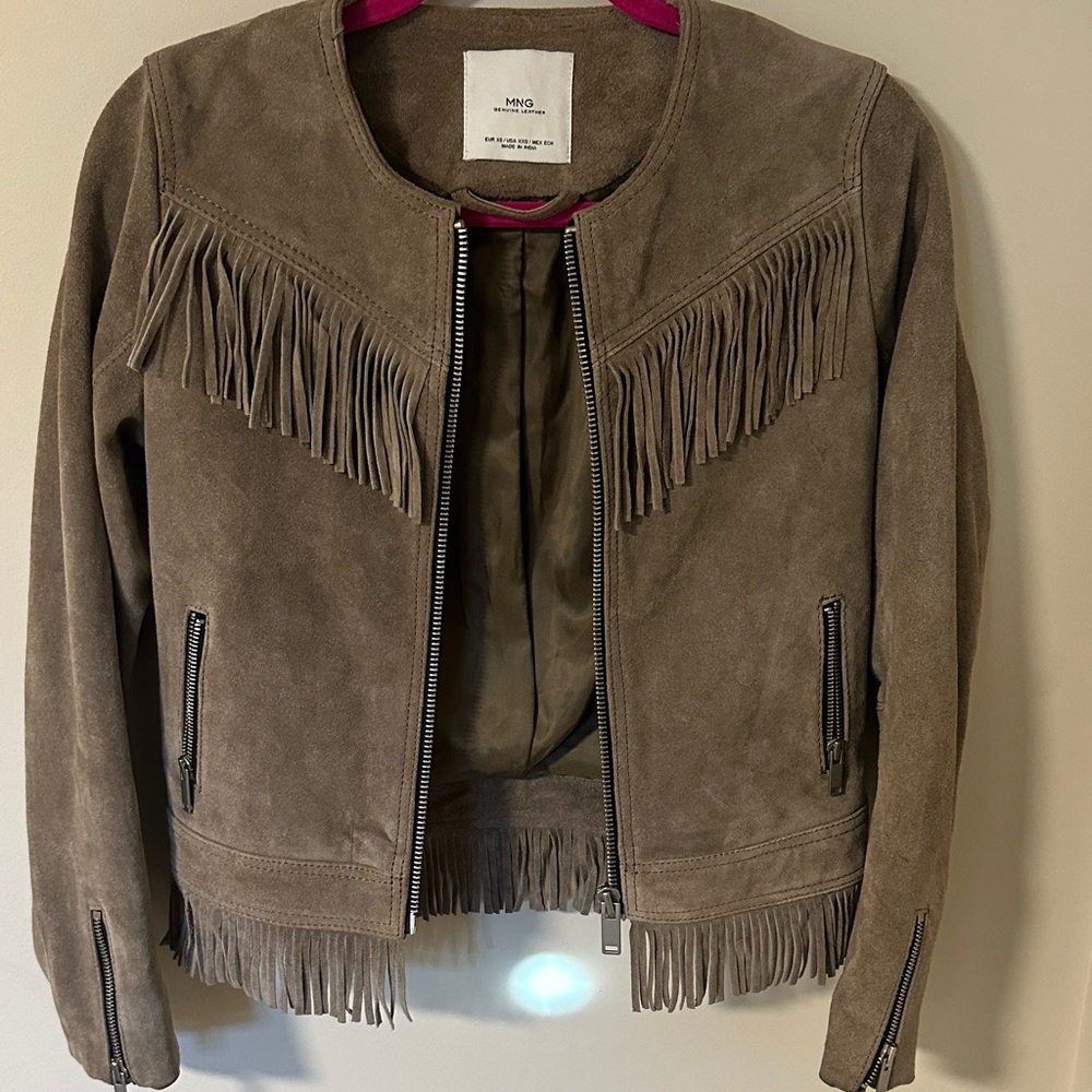 Mango Tan Suede Fringe Leather Jacket
